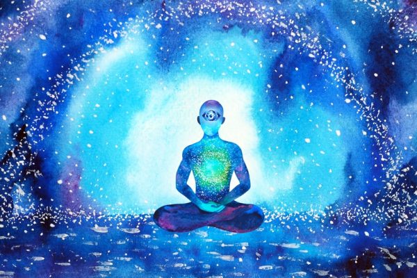 Illustration of a silhouette of a man with a third eye in a blue background