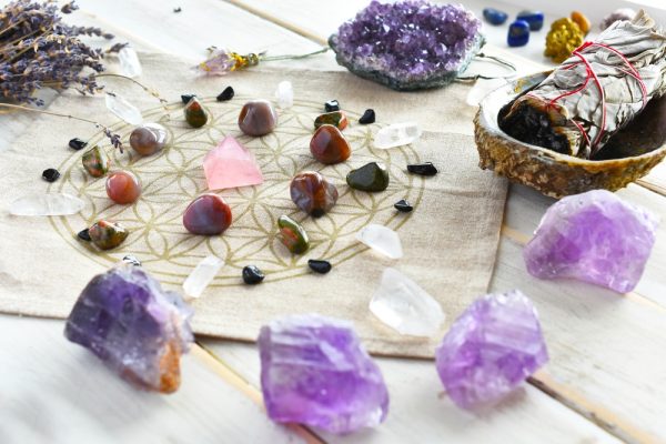 Different types on crystals laid out on a printed cloth