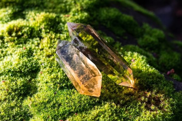 Two citrine crystals on top of green grass 